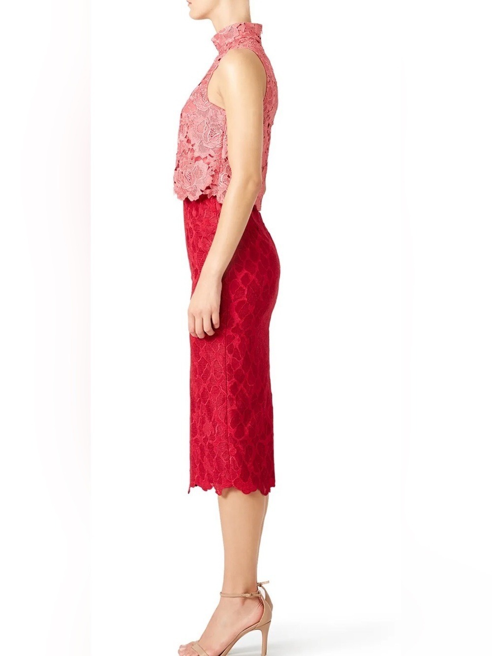 Monique Lhuillier Pink Red Colorblock High Neck Lace Midi Dress Size 0 - Picture 5 of 5
